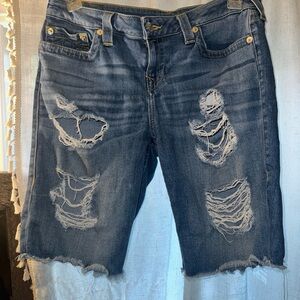 True Religion Blue Distressed Jean Shorts. Size 31. Longer length